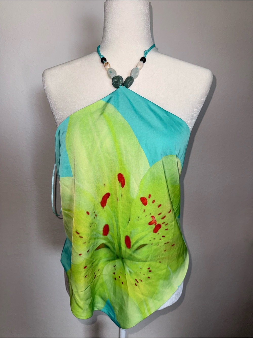 71. Turquoise & Lime Halter Floral Silk Top